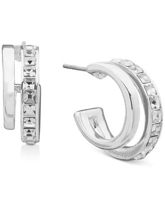 Anne Klein Silver-Tone Square Crystal Small Double Hoop Earrings, 0.67"