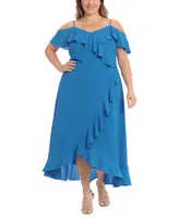 London Times Plus Ruffled Cold-Shoulder Maxi Dress