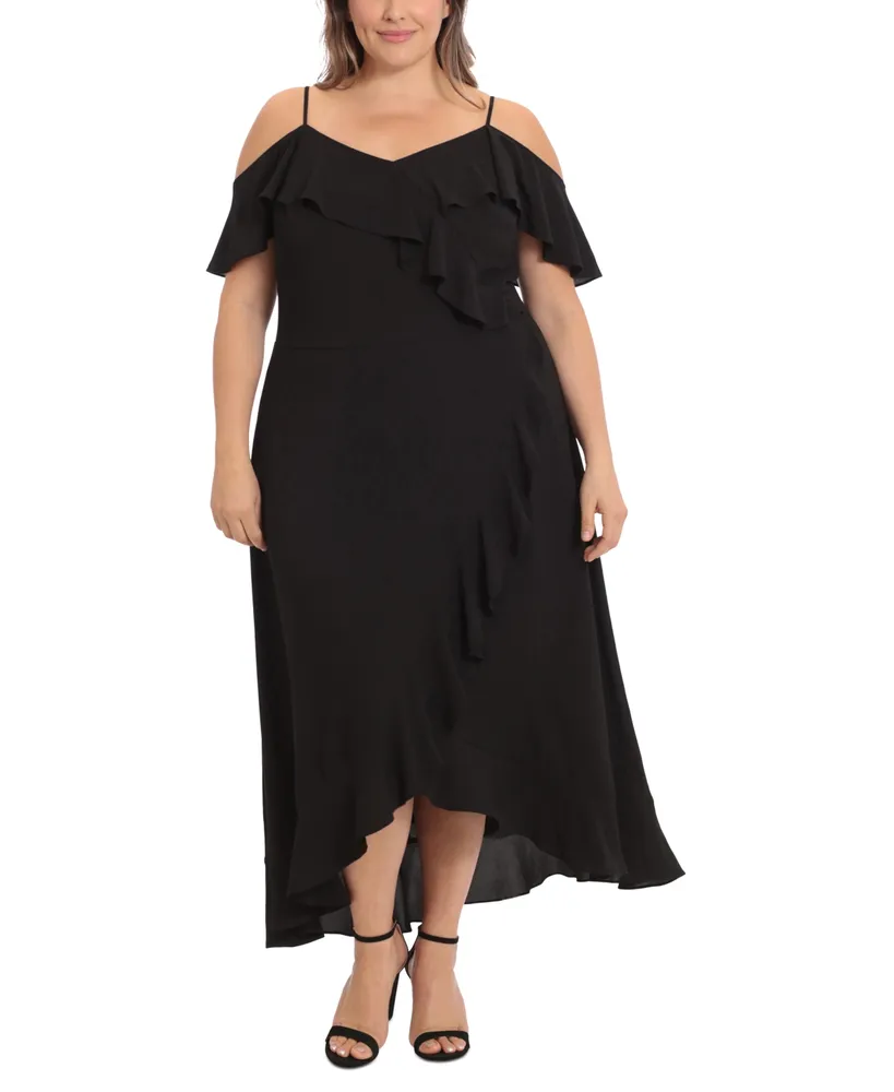 London Times Plus Ruffled Cold-Shoulder Maxi Dress