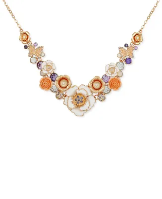 Guess Gold-Tone Mixed Color Stone Flower Statement Necklace, 16" + 2" extender