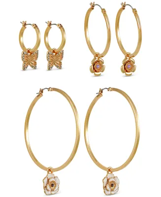 Guess Gold-Tone 3-Pc. Set Mixed Color Stone Flower & Butterfly Charm Hoop Earrings
