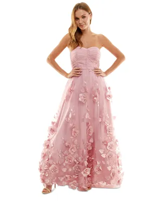 Bcx Juniors' 3D Floral Ruched Strapless Gown, Created for Macy's