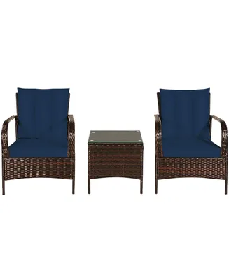 3 Pcs Patio Rattan Furniture Set Coffee Table & 2 Rattan Chair