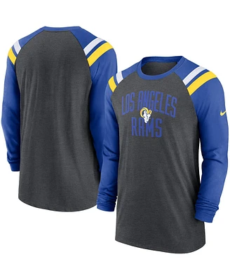Men's Nike Heathered Charcoal, Royal Los Angeles Rams Tri-Blend Raglan Athletic Long Sleeve Fashion T-shirt