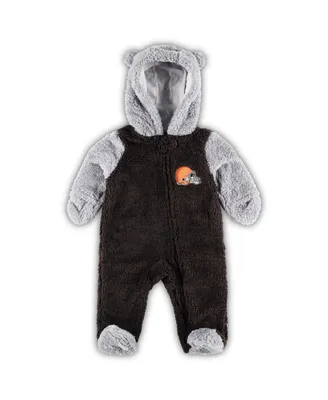 Newborn and Infant Boys Girls Brown, Gray Cleveland Browns Game Nap Teddy Fleece Bunting Full-Zip Sleeper