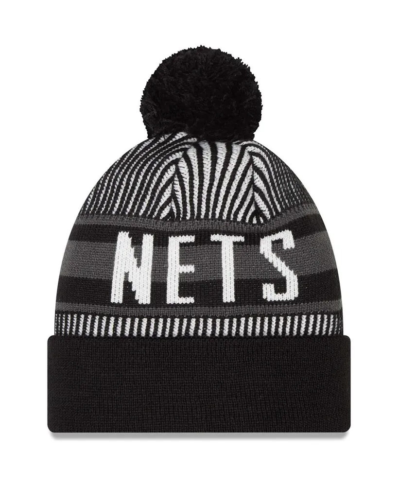 Men's New Era Black Brooklyn Nets Striped Cuffed Pom Knit Hat