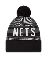 Men's New Era Black Brooklyn Nets Striped Cuffed Pom Knit Hat