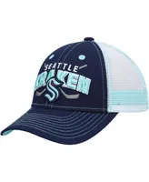 Big Boys and Girls Deep Sea Blue and White Seattle Kraken Core Lockup Trucker Snapback Hat