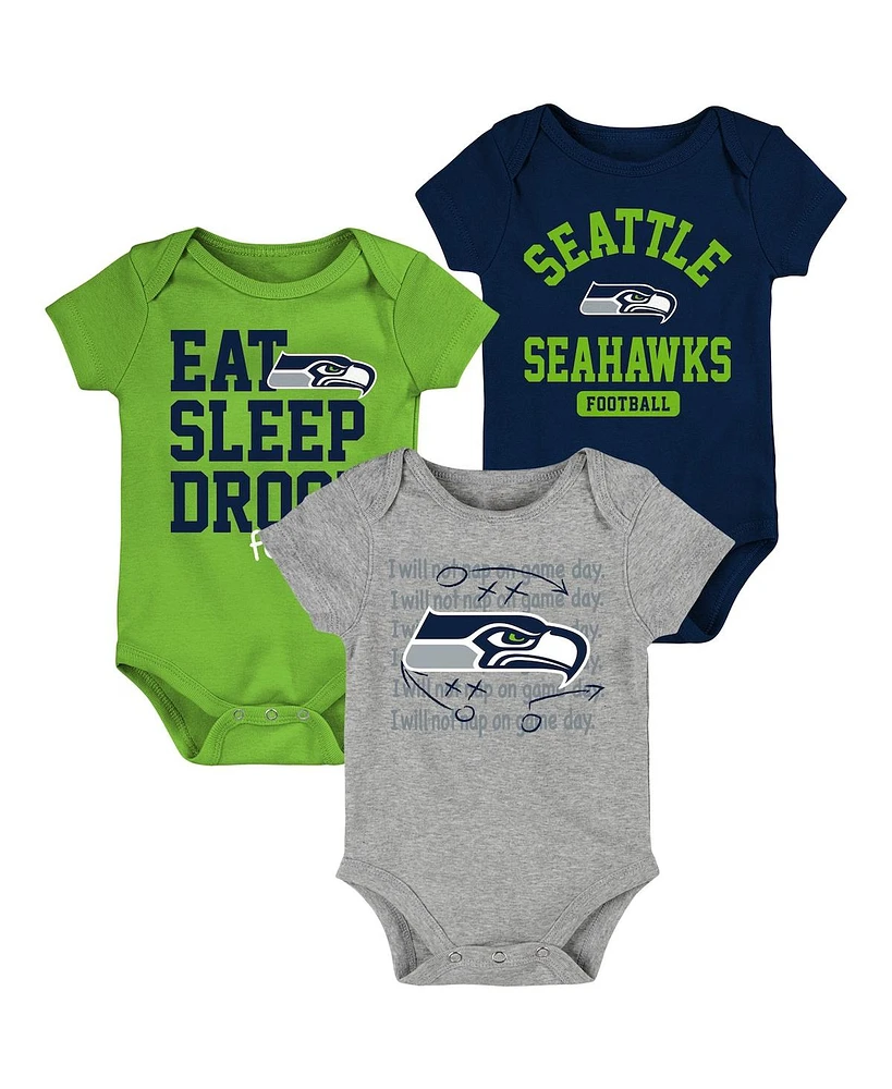 Newborn and Infant Boys Girls Navy, Neon Green Seattle Seahawks Eat Sleep Drool Football Three-Piece Bodysuit Set