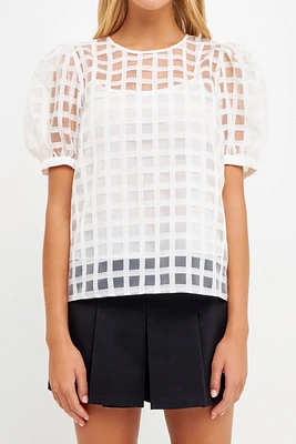 English Factory Women's Plaid Sheer Puff Sleeve Top