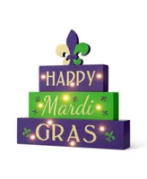 Glitzhome 11.75" L Lighted Mardi Gras Wooden Fleur-De-Lis Block Table Sign