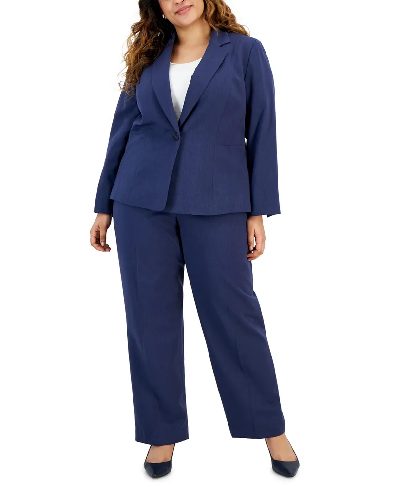 Le Suit Plus Herringbone Single Button Blazer & Straight-Leg, Mid-Rise Pantsuit