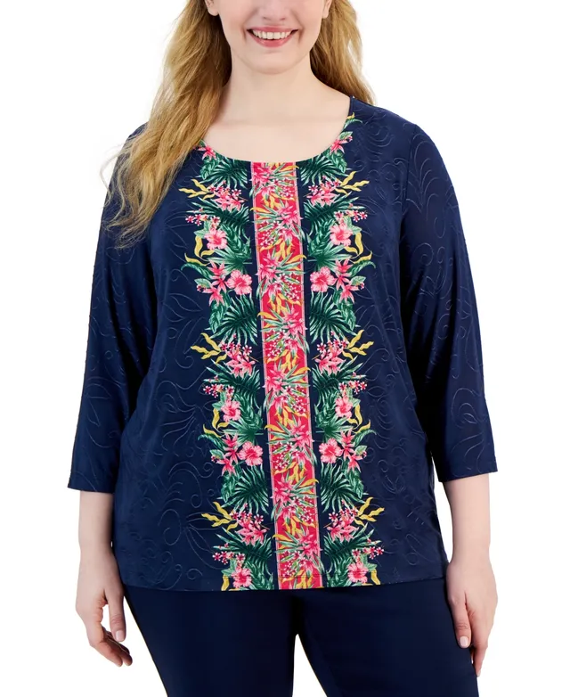 Jm Collection Plus Size Tropical Runway Jacquard Top, Created for