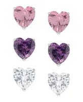 Macy's Silver Plated Brass Pink, Purple and White Cubic Zirconia Heart Stud Earrings Set