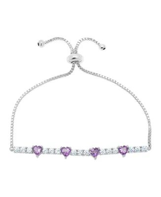 Macy's Silver Plated Brass Simulated Amethyst and Cubic Zirconia Heart Link Bracelet