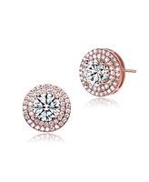 Genevive Cubic Zirconia Sterling Silver round Haloed Stud Earrings