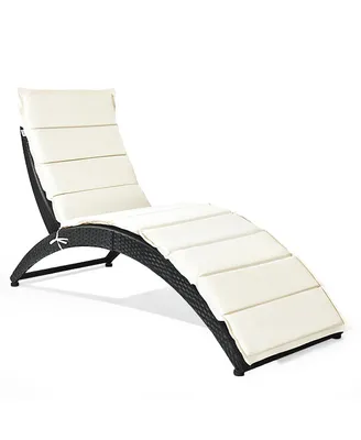 Folding Patio Rattan Lounge Chair Chaise Cushioned Portable Garden Lawn