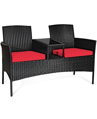 Costway Patio Rattan Conversation Set Seat Sofa Cushioned Loveseat Chairs