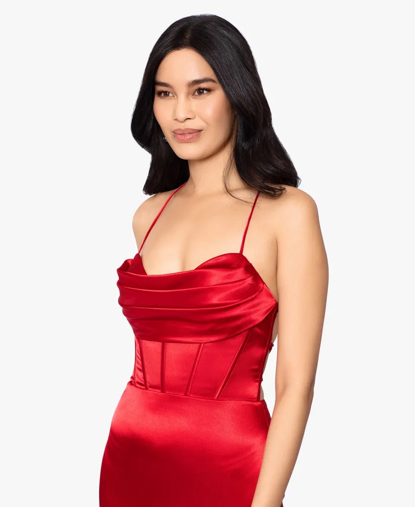 Blondie Nites Juniors' Draped Lace-Up Satin Gown