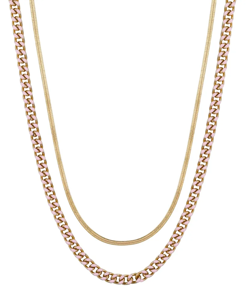 Unwritten 14K Gold Flash-Plated Light Enamel Curb Chain and Herringbone Chain Necklace Set