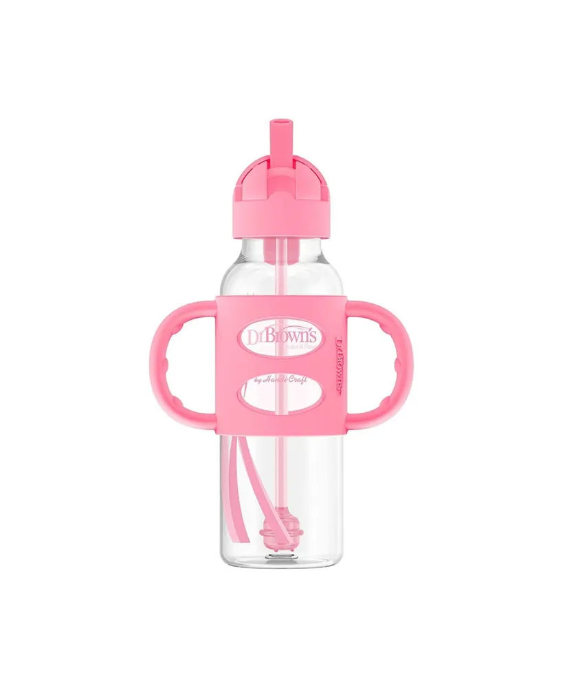 Dr. Browns Narrow Sippy Straw Bottle with 100% Silicone Handles, 8oz, Pink