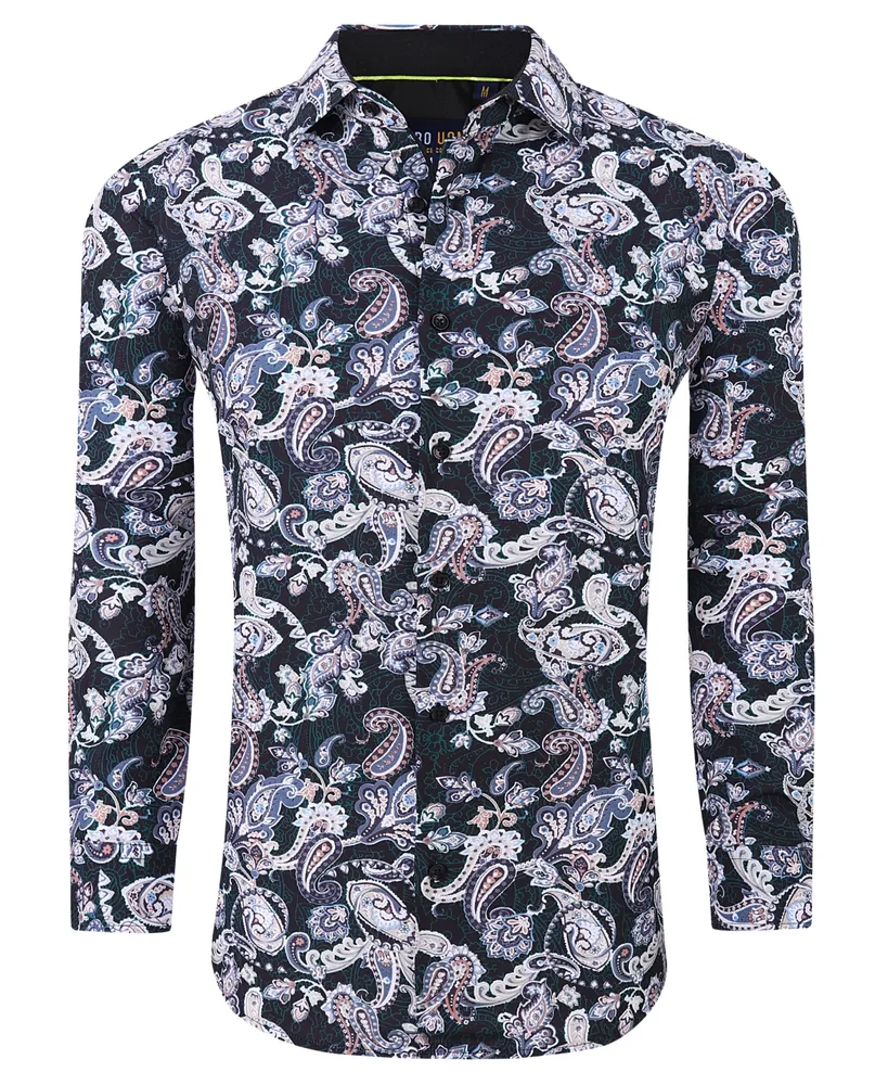 Azaro Uomo Men's Paisley Four-Way Stretch Button Down Slim Fit Shirt