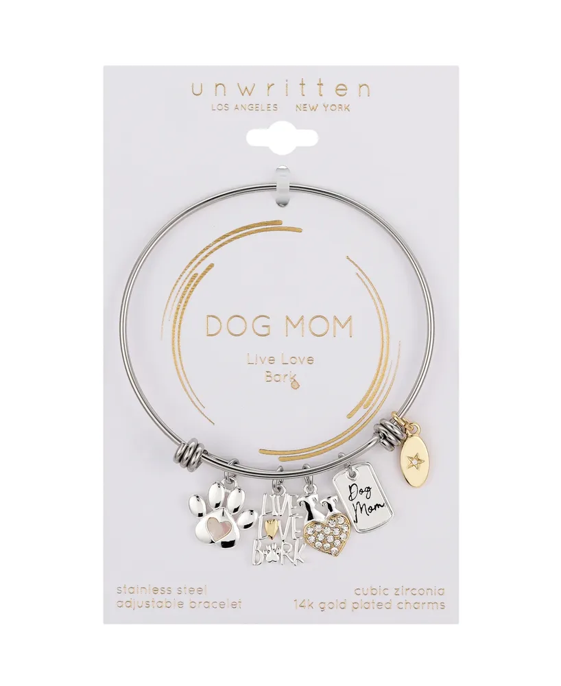 Unwritten 14K Gold Two Tone Flash-Plated Crystal Live Love Bark Dog Mom Multi Charm Bangle Bracelet