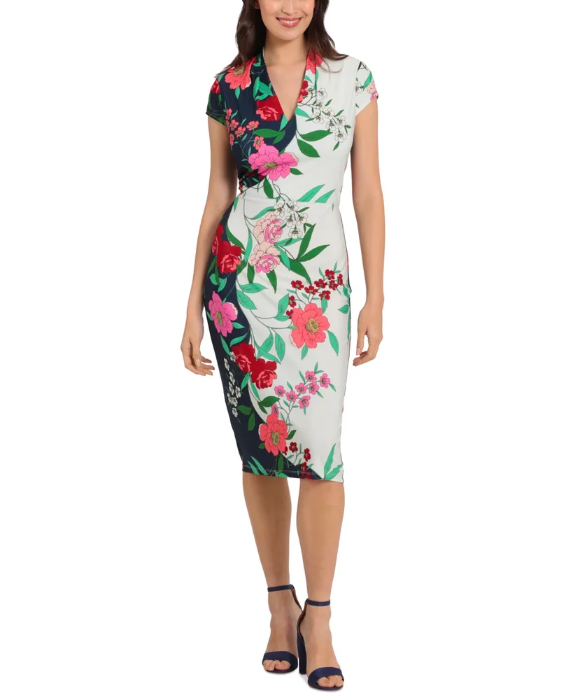 London Times Petite Cap-Sleeve Printed Sheath Dress