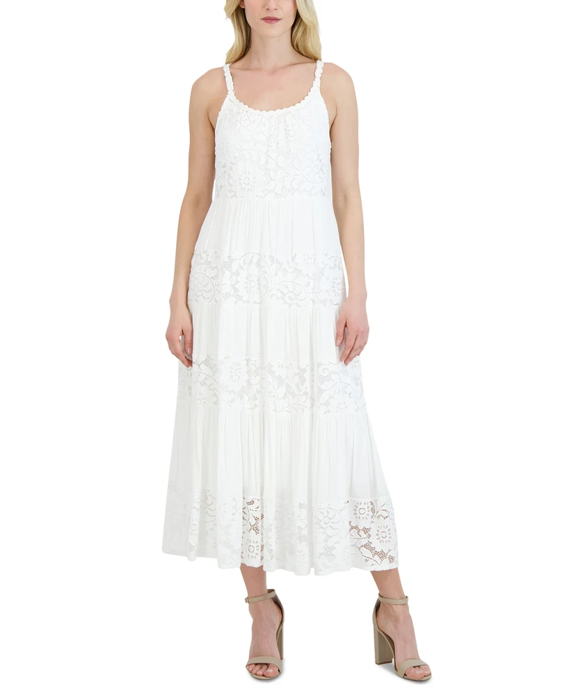 Robbie Bee Women's Lace-Inset Tiered Maxi Dress