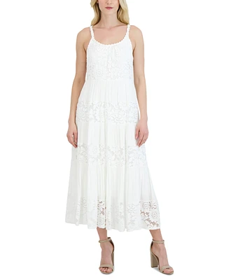 Robbie Bee Women's Lace-Inset Tiered Maxi Dress