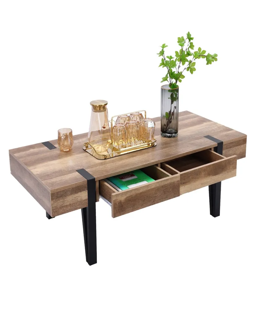 Luxen Home 21.69" Oak Finish Medium Density Fiberboard, Wood, Metal 2-Drawer Coffee Table