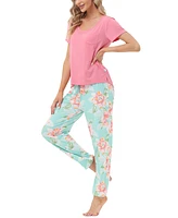 Echo Women's Short Sleeve Pocket T-Shirt with Printed Jogger Pants 2 Piece Pajama Set