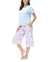 Ink+Ivy Women's Solid Short Sleeve T-shirt with Printed Capri 2 Piece Pajama Set