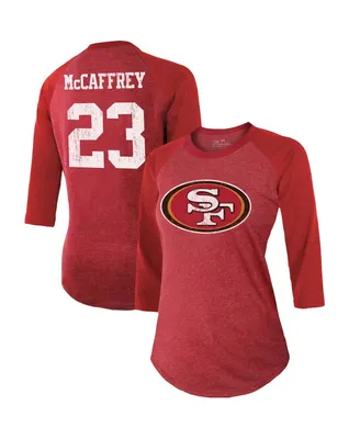 Women's Majestic Threads Christian McCaffrey Scarlet San Francisco 49ers Name and Number Tri-Blend Raglan 3/4 Sleeve T-shirt
