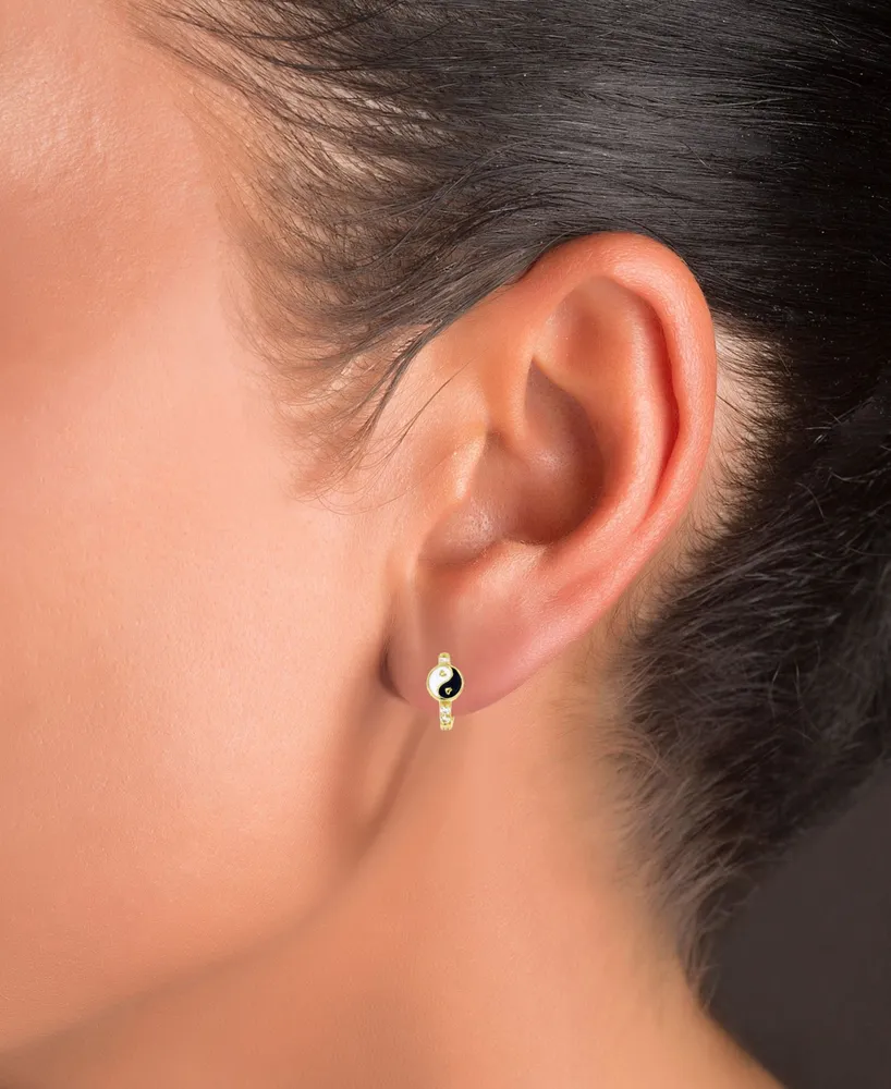 Cubic Zirconia & Enamel Yin Yang Small Hoop Earrings, 0.51"