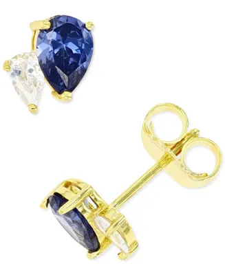 Blue and White Cubic Zirconia Stud Earrings Sterling Silver or 14k Gold over