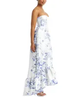 Alfred Sung Plus Strapless Floral High-Low Ruffle Hem Maxi Dress with Pockets