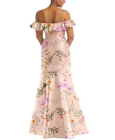 Alfred Sung Women's Off-the-Shoulder Ruffle Neck Floral Satin Trumpet Gown