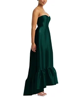 Alfred Sung Plus Strapless Deep Ruffle Hem Satin High Low Dress with Pockets