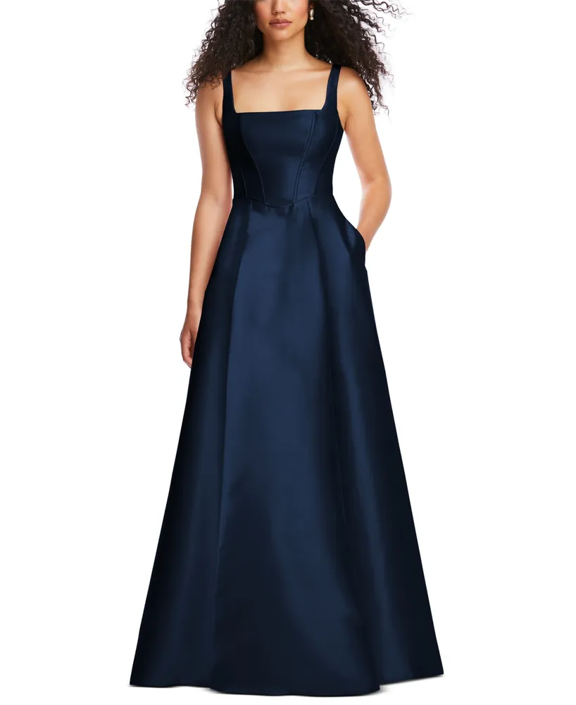 Alfred Sung Women's Boned Corset Closed-Back Satin Gown with Full Skirt and Pockets