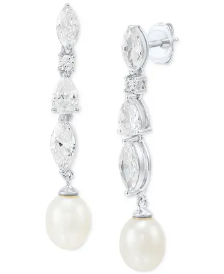 Arabella Cultured Freshwater Pearl (9 x 7mm) & Cubic Zirconia Drop Earrings in Sterling Silver, Created for Macy's