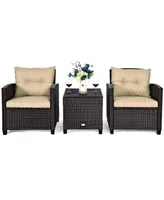 Costway 3PCS Patio Rattan Furniture Set Cushioned Sofa Coffee Table Garden