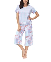 Ink+Ivy Women's Solid Short Sleeve T-shirt with Printed Capri 2 Piece Pajama Set