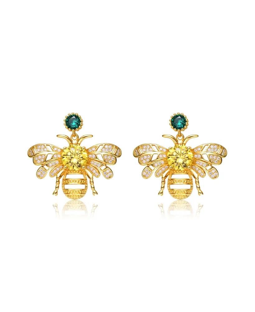 Genevive Sterling Silver 14K Gold Plated Yellow Cubic Zirconia Bee Stud Butterfly Earrings