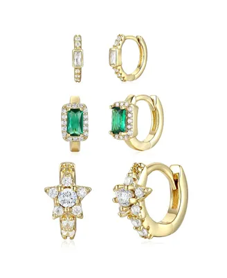 Genevive Sterling Silver 14k Gold Plated with Emerald & Cubic Zirconia Halo Star 3-Piece Hoop Earrings Set