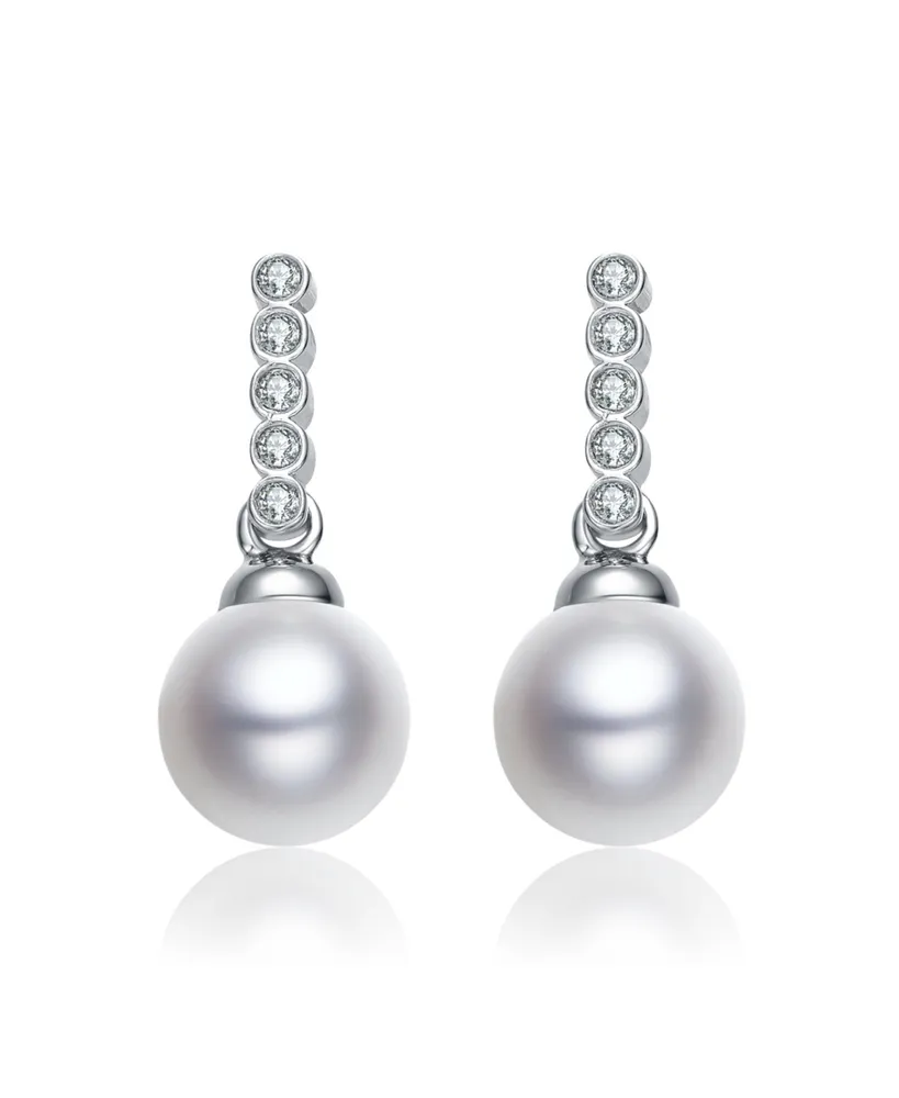 Genevive Sterling Silver with White Gold Plated White Round Pearl with Clear Round Cubic Zirconia Drop Earrings
