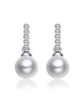 Genevive Sterling Silver with White Gold Plated White Round Pearl with Clear Round Cubic Zirconia Drop Earrings
