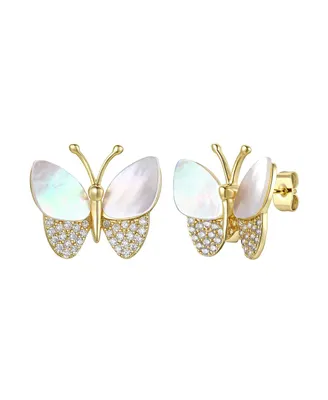 Genevive Sterling Silver Large 14k Gold Plated Sterling Silver with Mother of Pearl & Cubic Zirconia Butterfly Stud Earrings