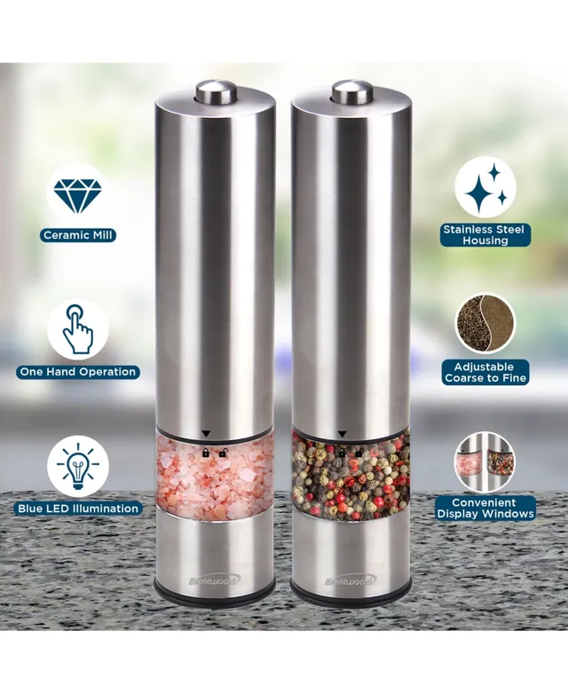 Brentwood Electric Blue LED Stainless Steel Salt and Pepper Adjustable Ceramic Grinders