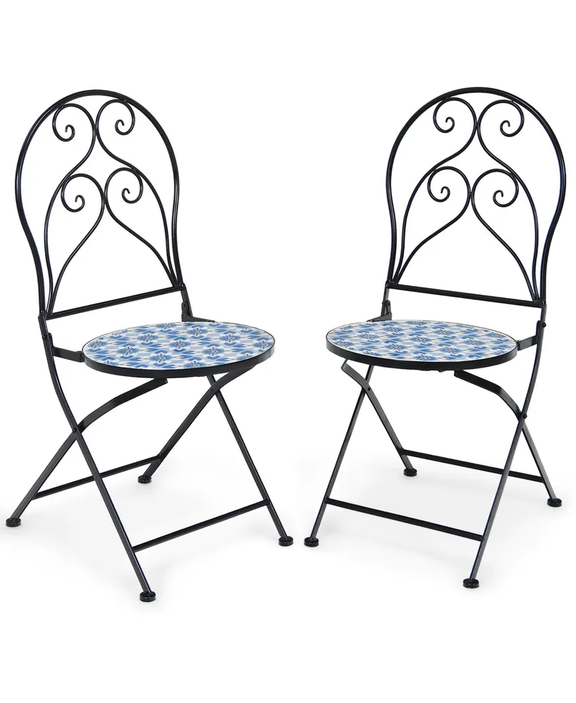 Costway 2PCS Patio Folding Mosaic Bistro Chairs Flower Pattern Seat Garden